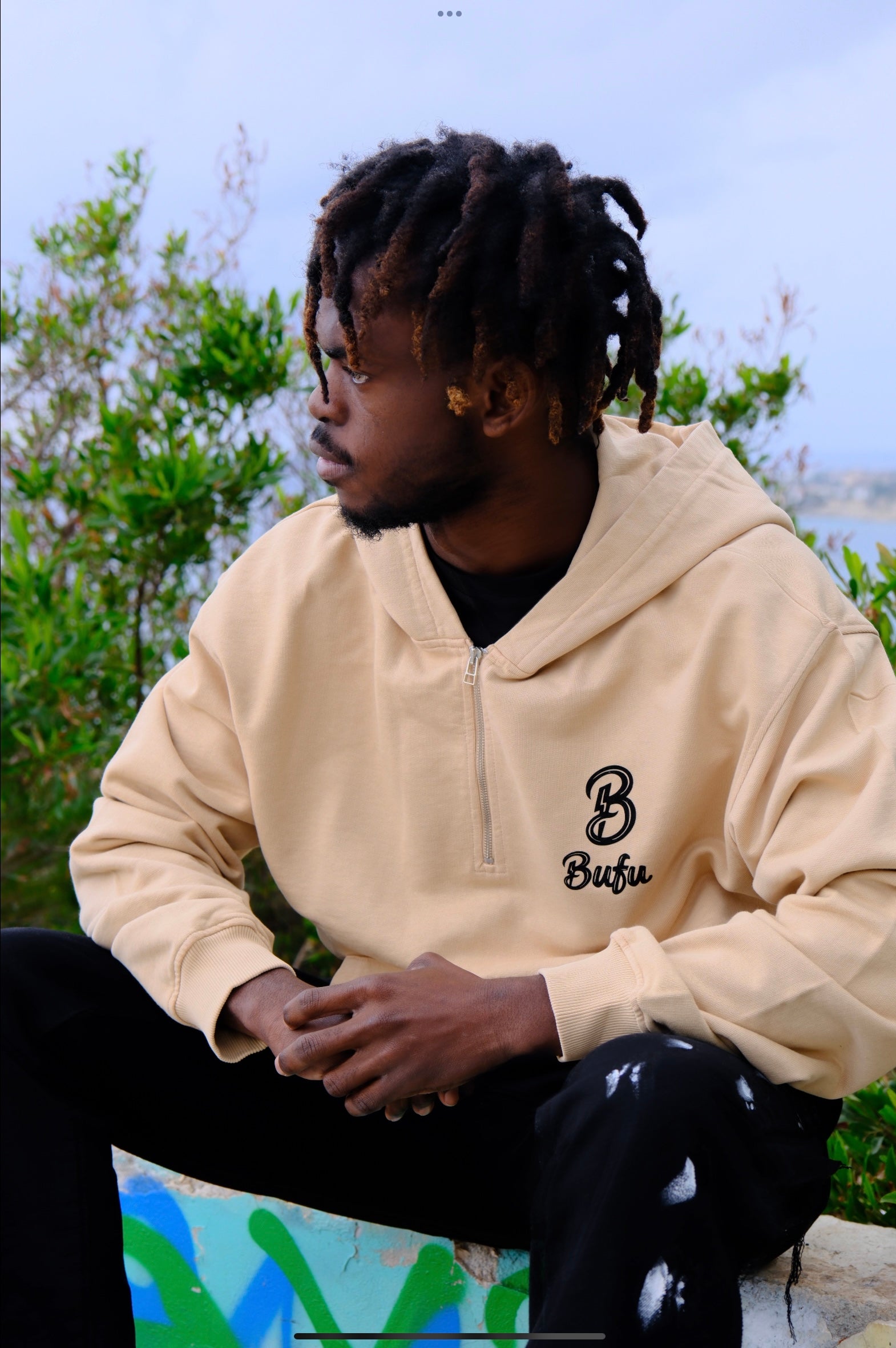 BUFU - Beige Half Zip Hoodie