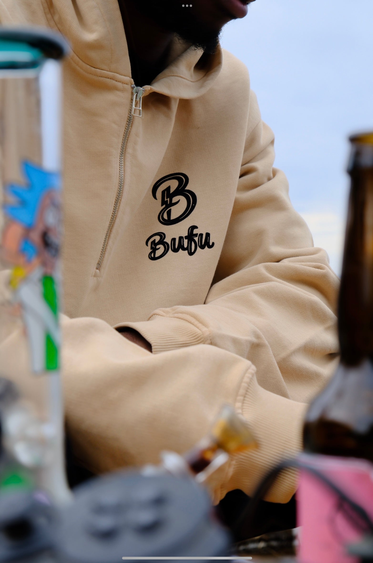 BUFU - Beige Half Zip Hoodie